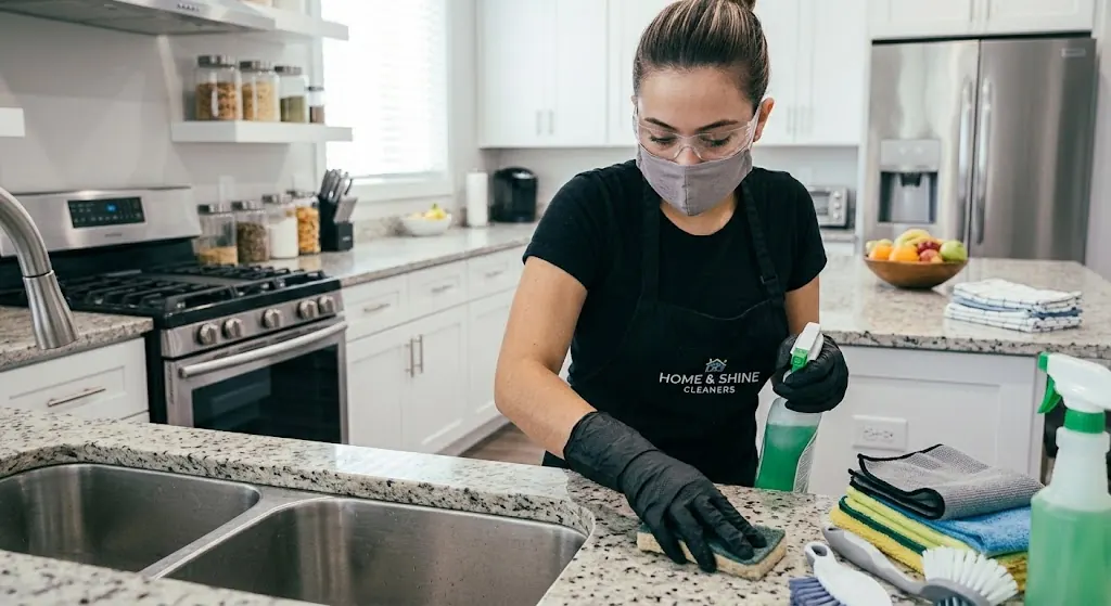 Professional cleaner wearing black nitrile gloves wiping a kitchen counter