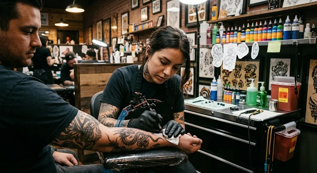 Tattoo artist in black nitrile gloves working in a studio